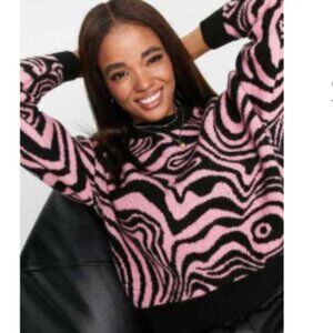 Pimkie - Retro Swirl Print Sweater - Pink and Black - Size M